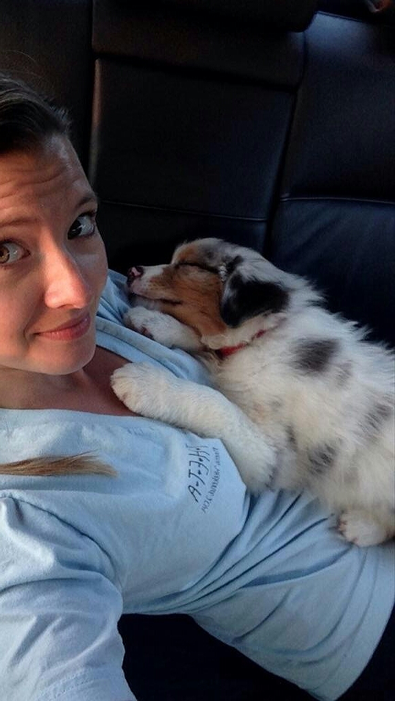 puppy sleeping on woman's chest
